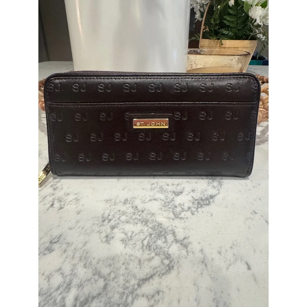 St. John Dark Brown SJ Monogram Embossed Leather Zip Around Wallet Gold Hardware
